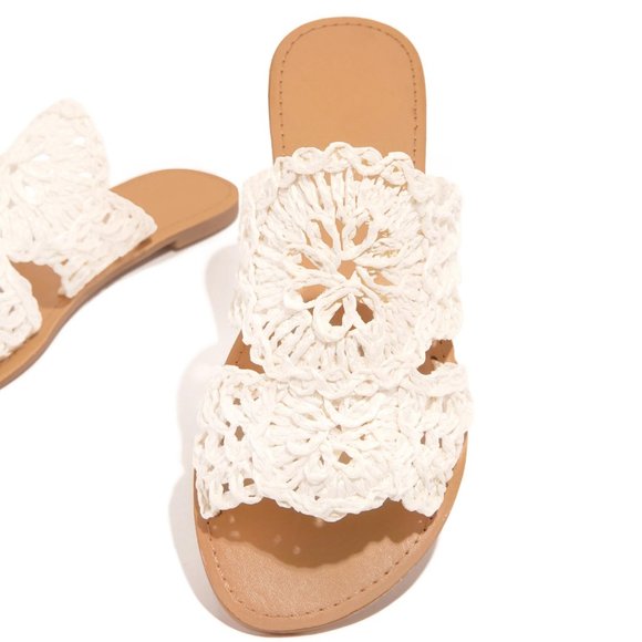 NEW Off White Crochet Lace Raffia Straw Slip On Slides Slippers Sandals Shoes - Picture 10 of 12